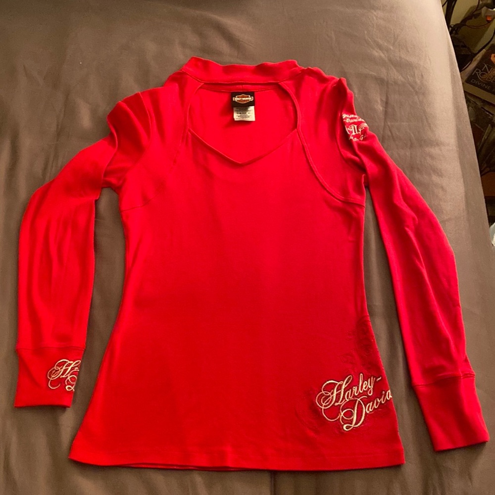 Red long sleeve Harley Davidson shirt with cutout neckline size medium